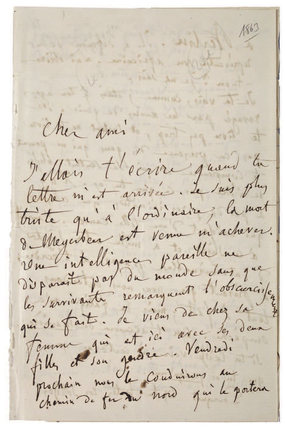BERLIOZ, Hector. 1864年5月3日。签署给他儿子路易-柏辽兹的亲笔信[巴黎。1864年5月3-4日）。Gp. In-8 (208 x 133 &hellip;