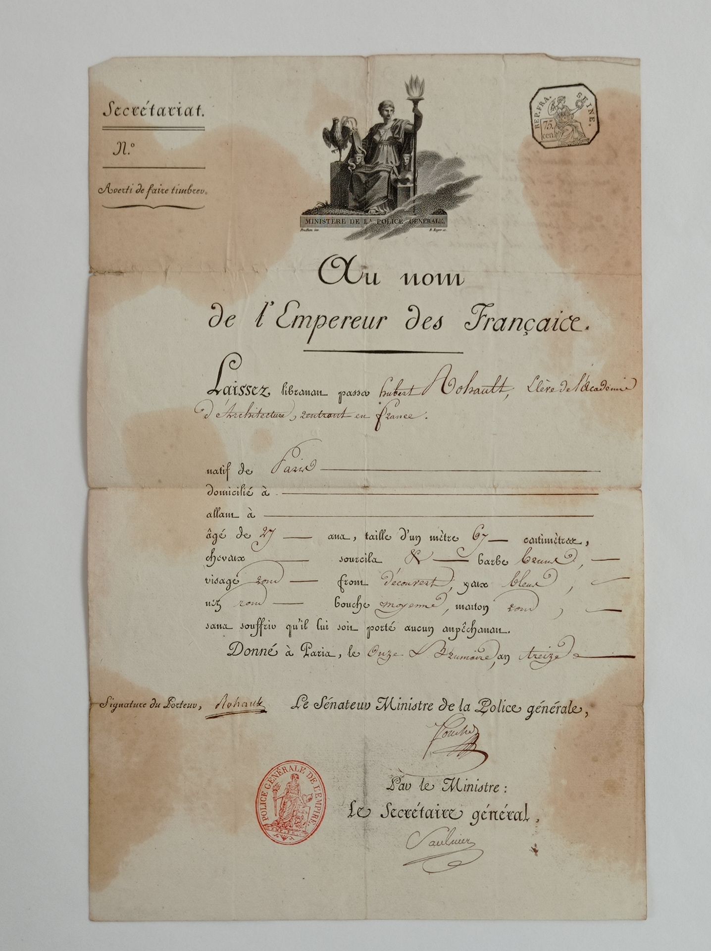 FOUCHÉ Joseph (1759-1820). Documento firmado, París, 11 brumaire an XIII (2 de n&hellip;