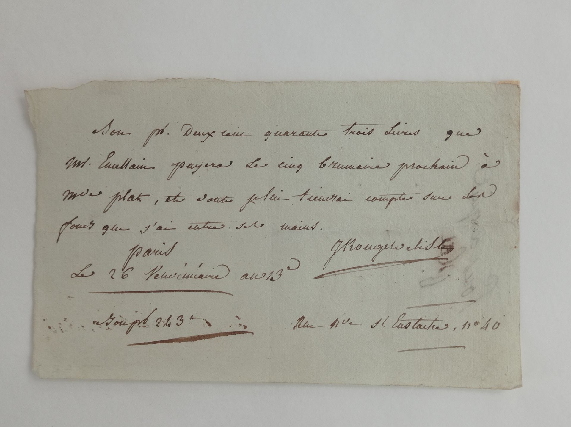 ROUGET DE LISLE Claude (1760-1836). Reçu autographe signé, Paris, 26 vendémiaire&hellip;