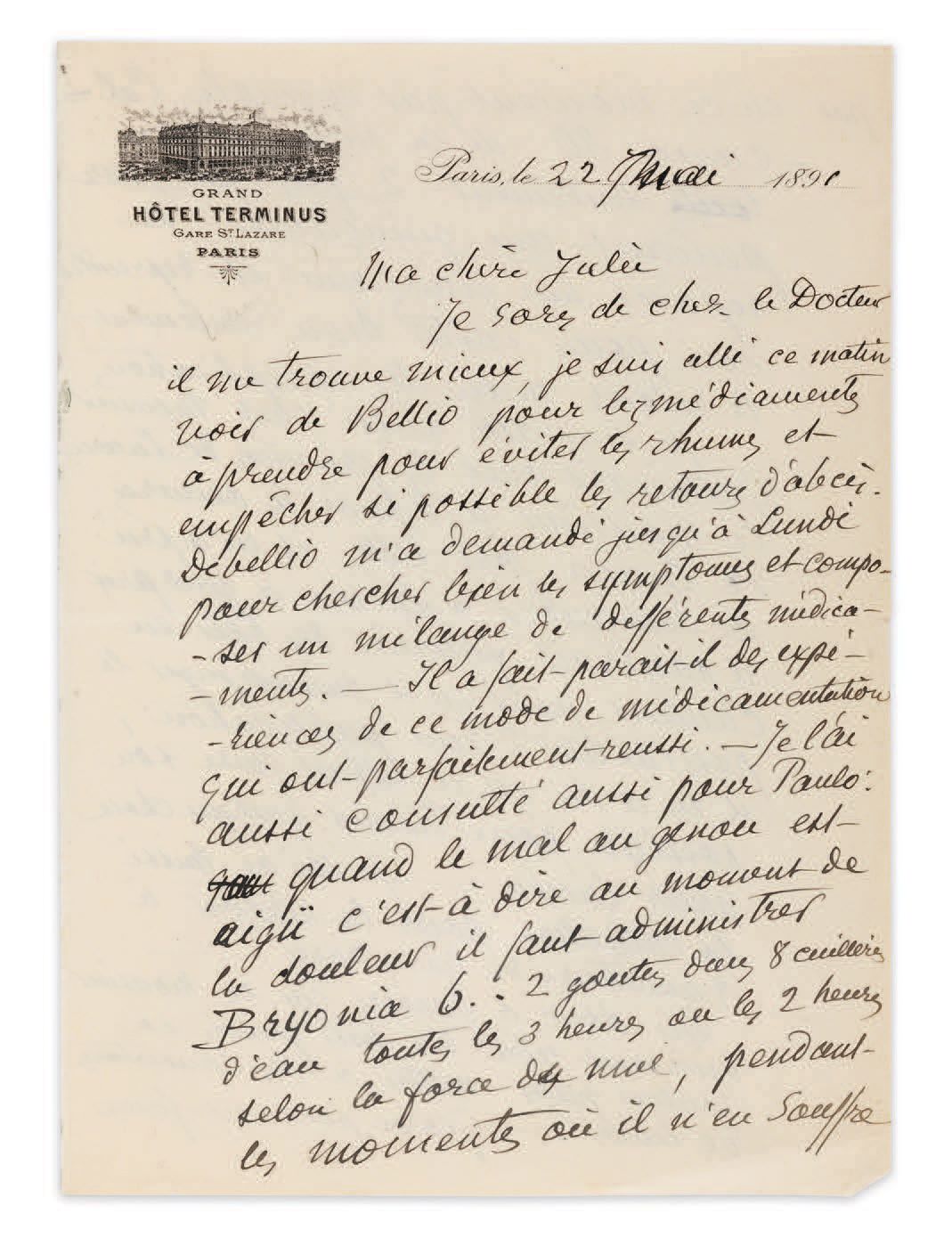 PISSARRO (Camille). 写给妻子朱莉的亲笔信，日期为[18]91年5月22日，3页8开（208 x 135毫米），印在Hôtel Terminu&hellip;