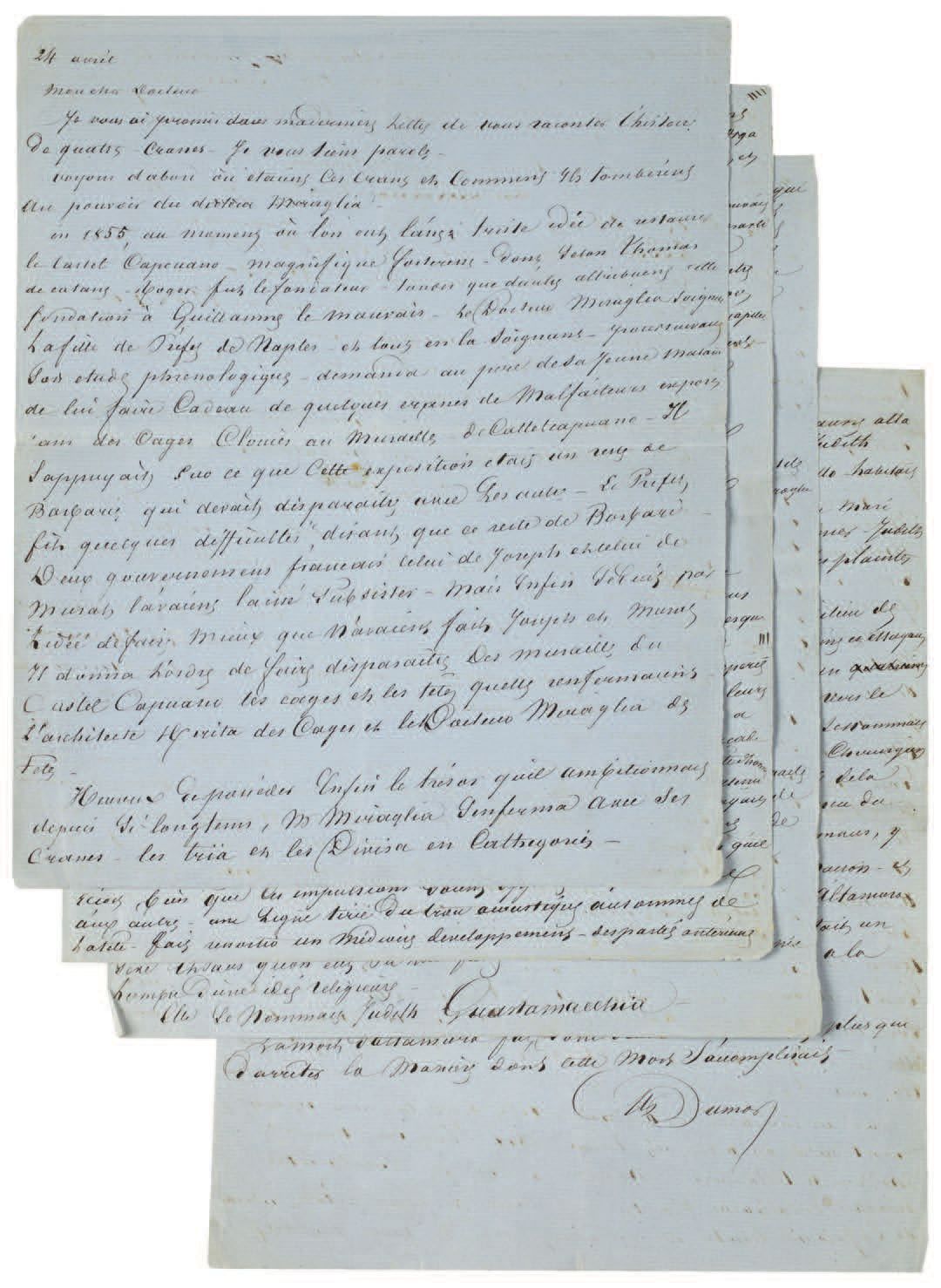 DUMAS Alexandre (1802-1870). 签署给他的医生的亲笔手稿，"4月24日"(n.D.) 8页，4开本，蓝纸。附上成绩单。
手稿的写法有点&hellip;
