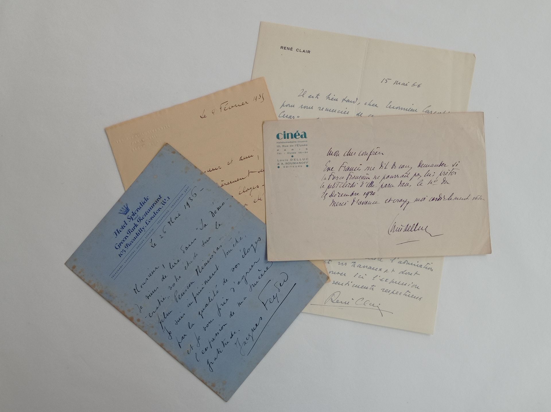 Null 电影院。一套4封签名的亲笔信。
CLAIR René (1898-1981) 签署给Jérôme Carcopino的亲笔信，(单页) [19]66年&hellip;