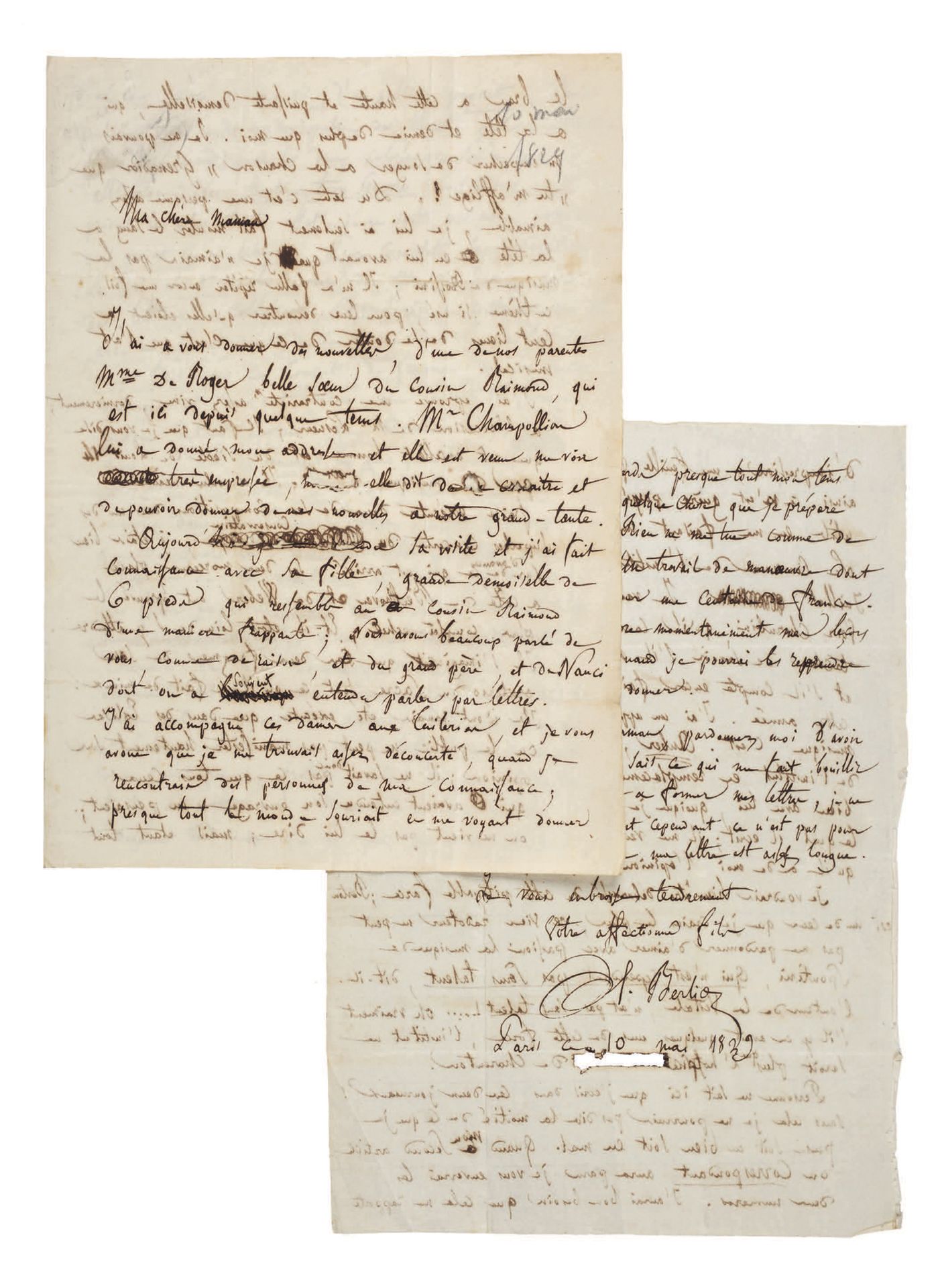 BERLIOZ (Hector). 签署给他母亲Joséphine Berlioz的亲笔信，日期为1829年5月10日，6页，4页。
长篇音乐信，提到Lesue&hellip;