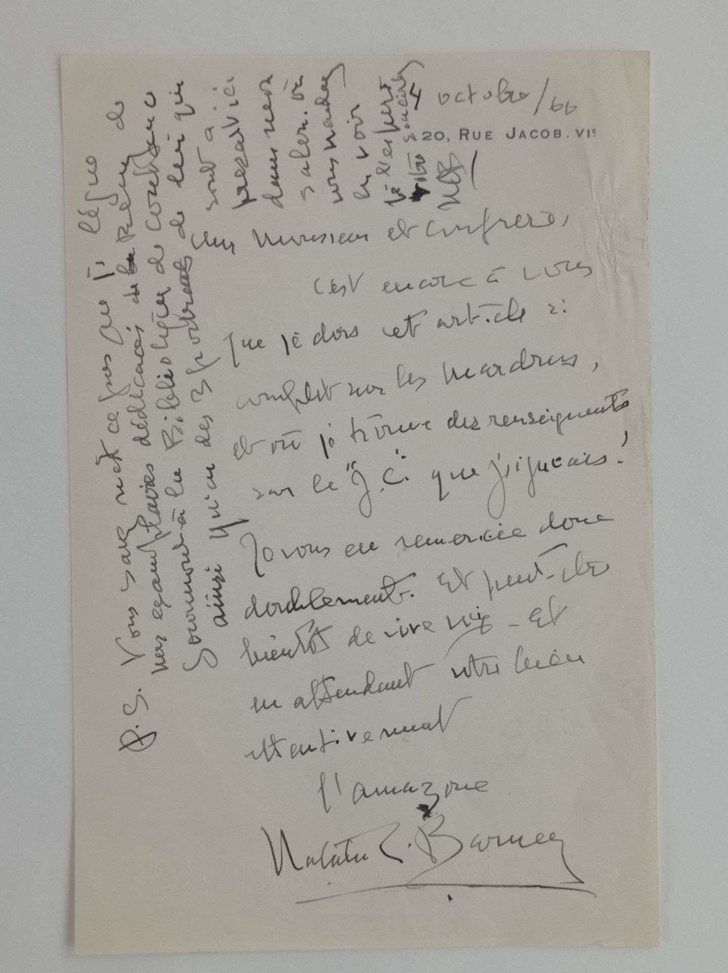 BARNEY Natalie CLIFFORD (1876-1972) 署名为 "l'Amazone Natalie Barney "的亲笔信，跋文署名为 "N&hellip;