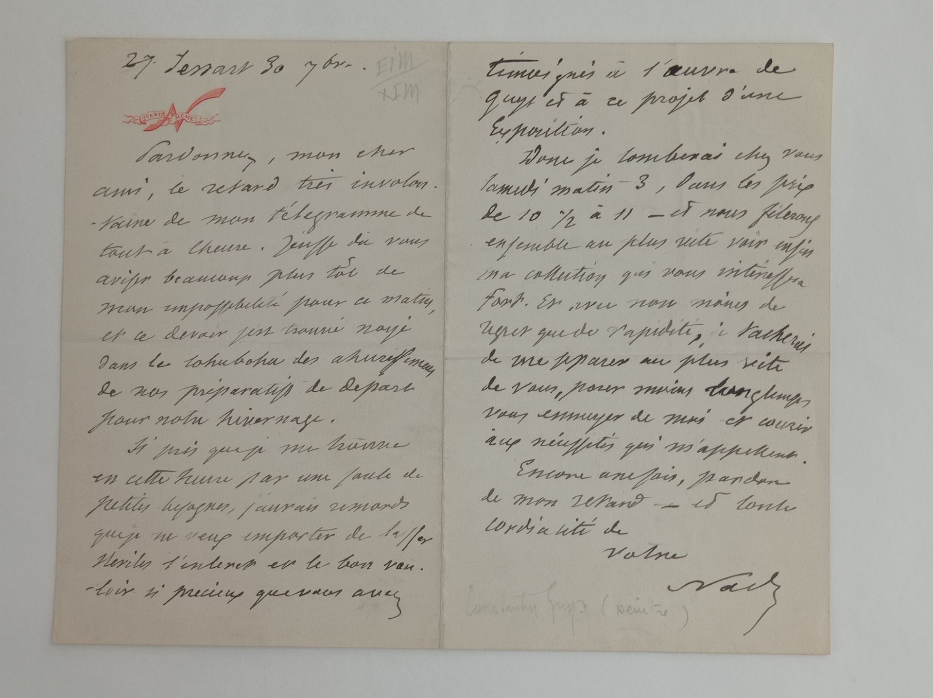 NADAR Félix Tournachon dit (1820-1910). 9月30日，签名的亲笔信，（单页）。2页，8开本。信纸上刻有他名字的首字母和他的&hellip;