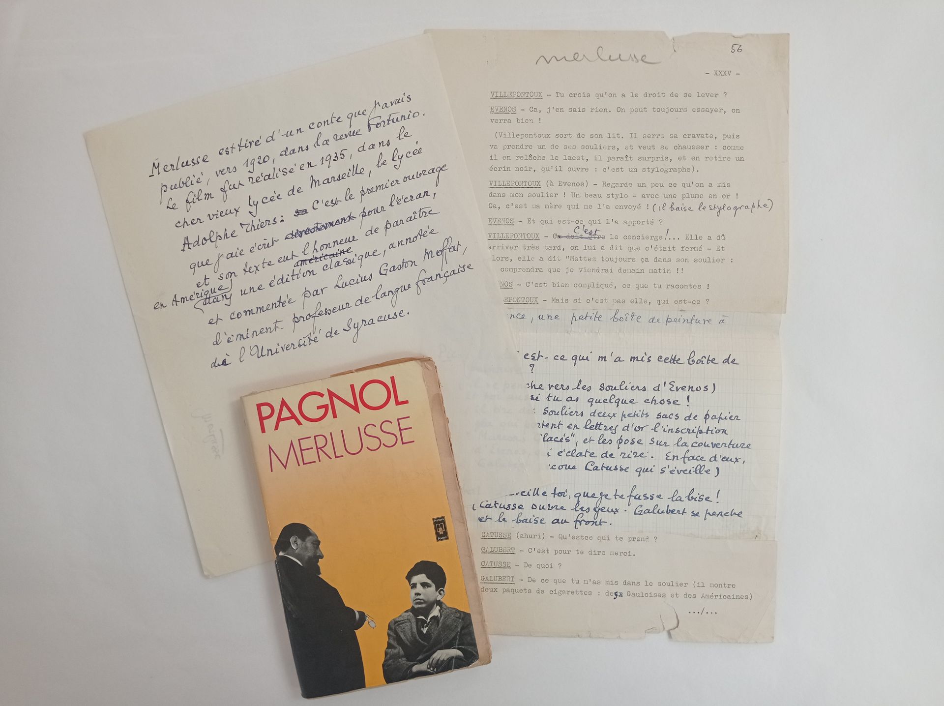PAGNOL Marcel (1895-1974). Fragmento del diálogo de Merlusse, en parte autógrafo&hellip;
