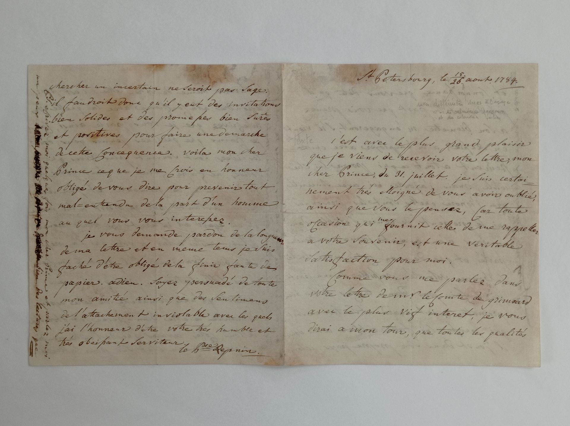 REPNIN Nikolai Wassiljewitsch (1734-1801). 署名为 "我亲爱的王子 "的亲笔信，圣彼得堡，1784年8月15/26日。&hellip;
