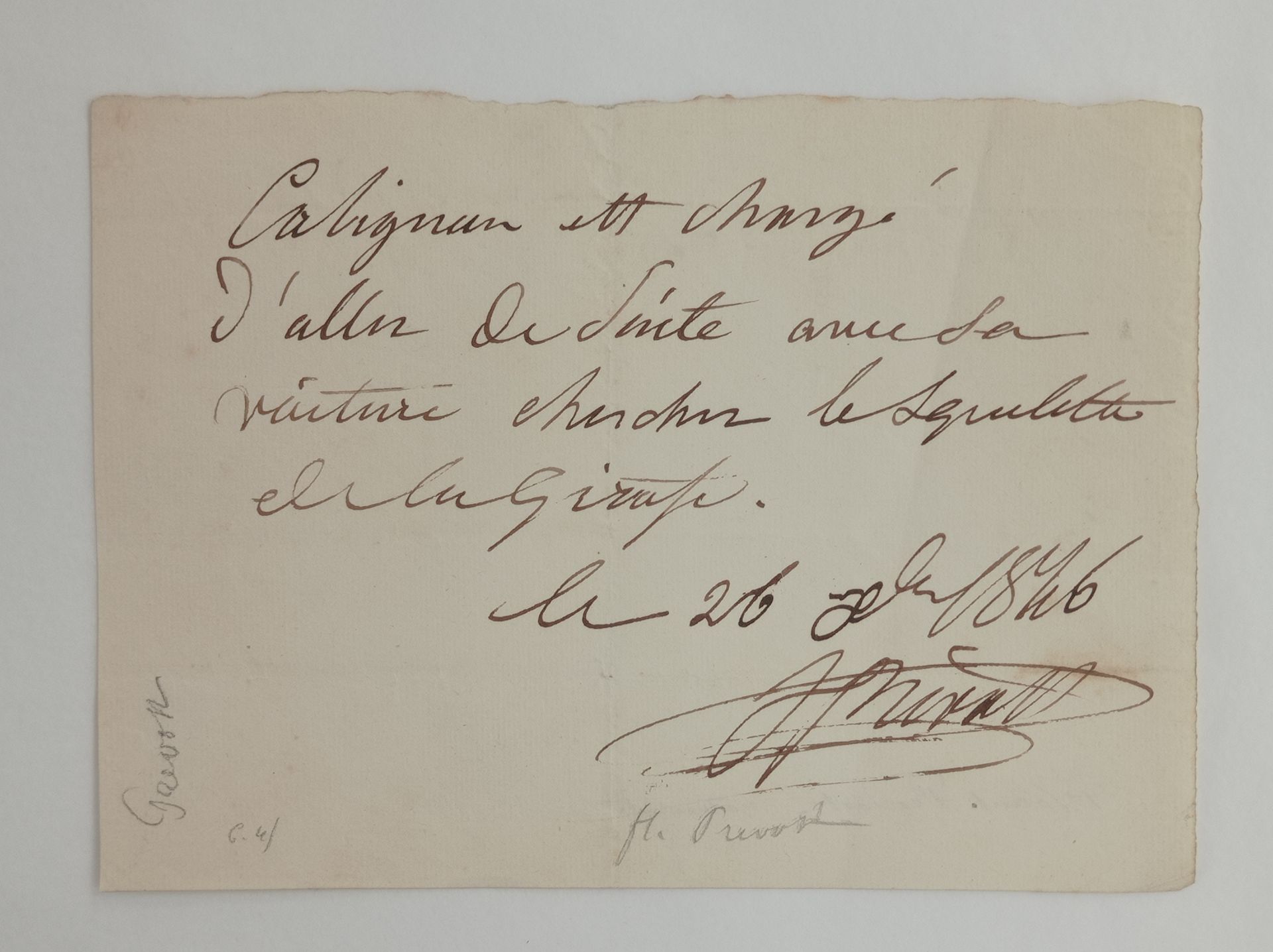 Null [Zarafa长颈鹿]。弗洛伦特（1794-1870）。签署的亲笔说明，[巴黎]1846年10月26日。 1页，8开本，长方形。
他宣布 "卡里尼昂负&hellip;