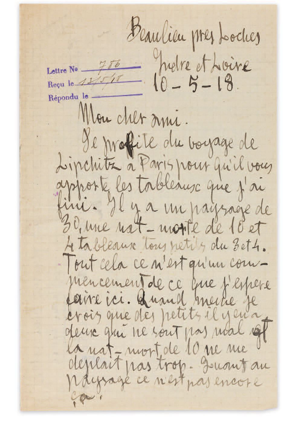 GRIS (Juan). 签署给莱昂斯-罗森伯格的亲笔信，日期为Beaulieu près Loches, Indre et Loire, 10-5-[19]1&hellip;