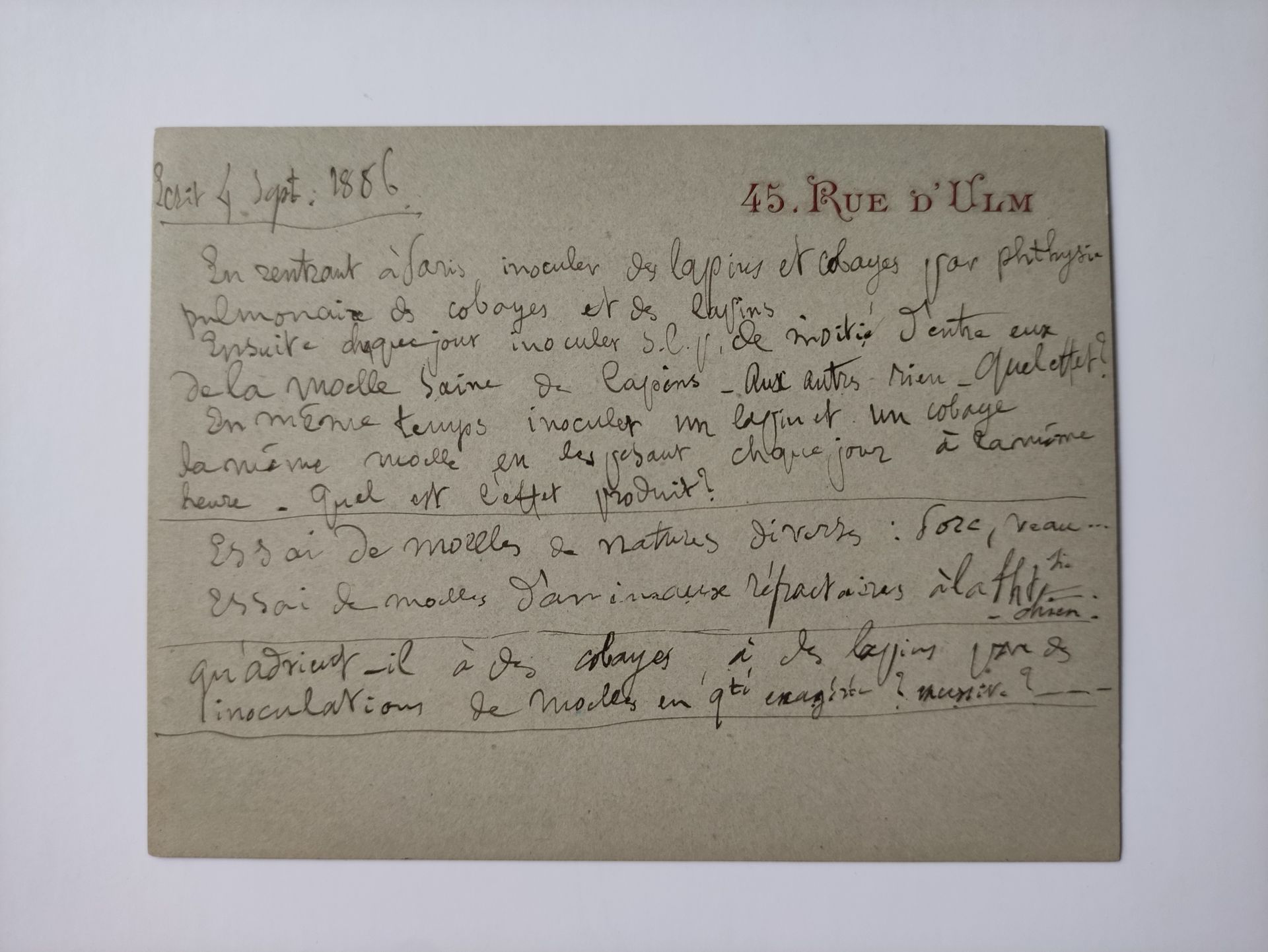 PASTEUR LOUIS (1822-1895). 自述，[巴黎]1886年9月4日。1页，12开本。他的地址为 "45, rue d'Ulm "的通信卡。
&hellip;