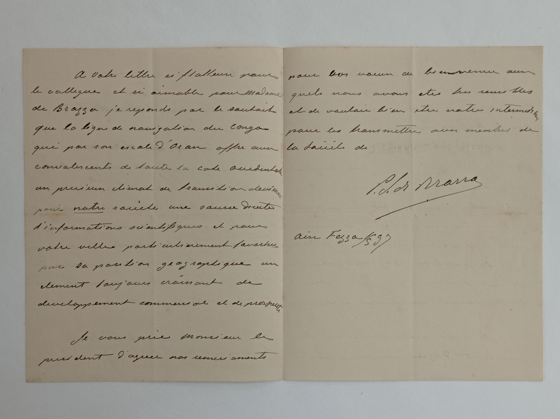 BRAZZA Pierre Savorgnan de (1852-1905). 签名的亲笔信，致奥兰省地理协会主席，Aïn Fezza [奥兰省特莱姆森附近]，&hellip;
