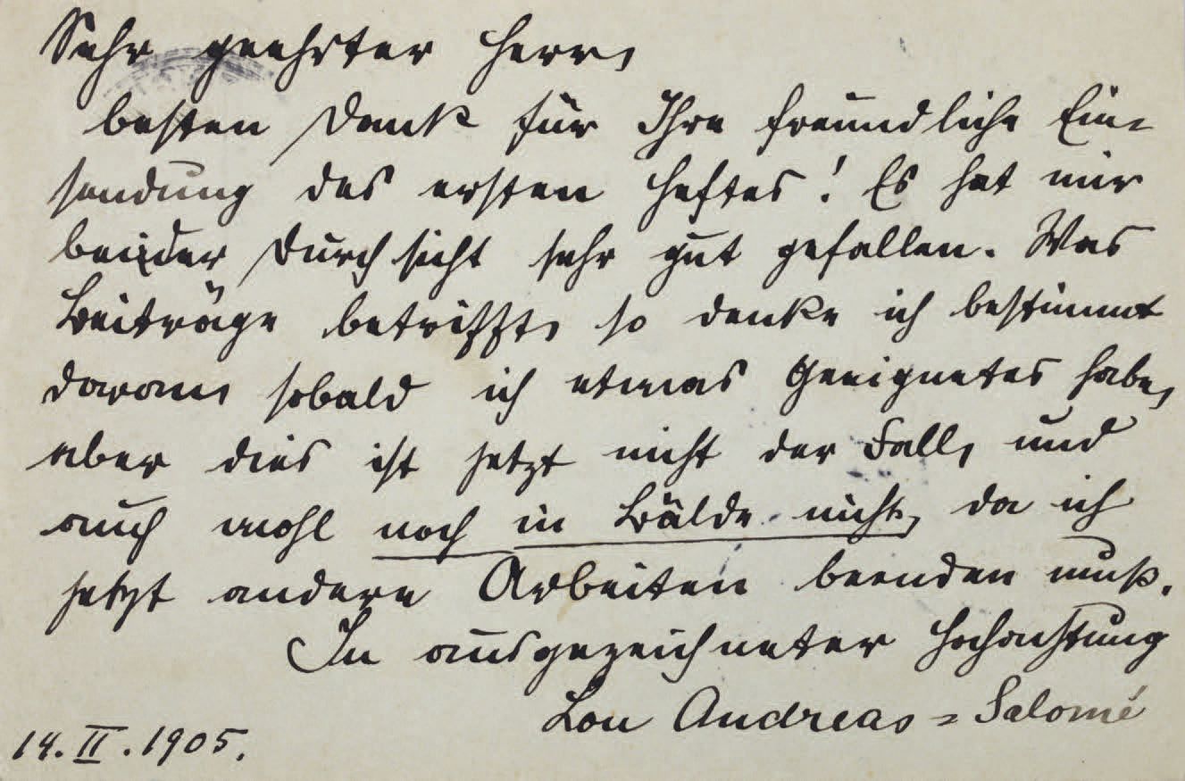 LOU ANDREAS-SALOMÉ. 路易斯-冯-萨洛梅（1861-1937）。亲笔签名的卡片，哥廷根，1905年2月14日。 1页，8开长方形。在德语中。
&hellip;