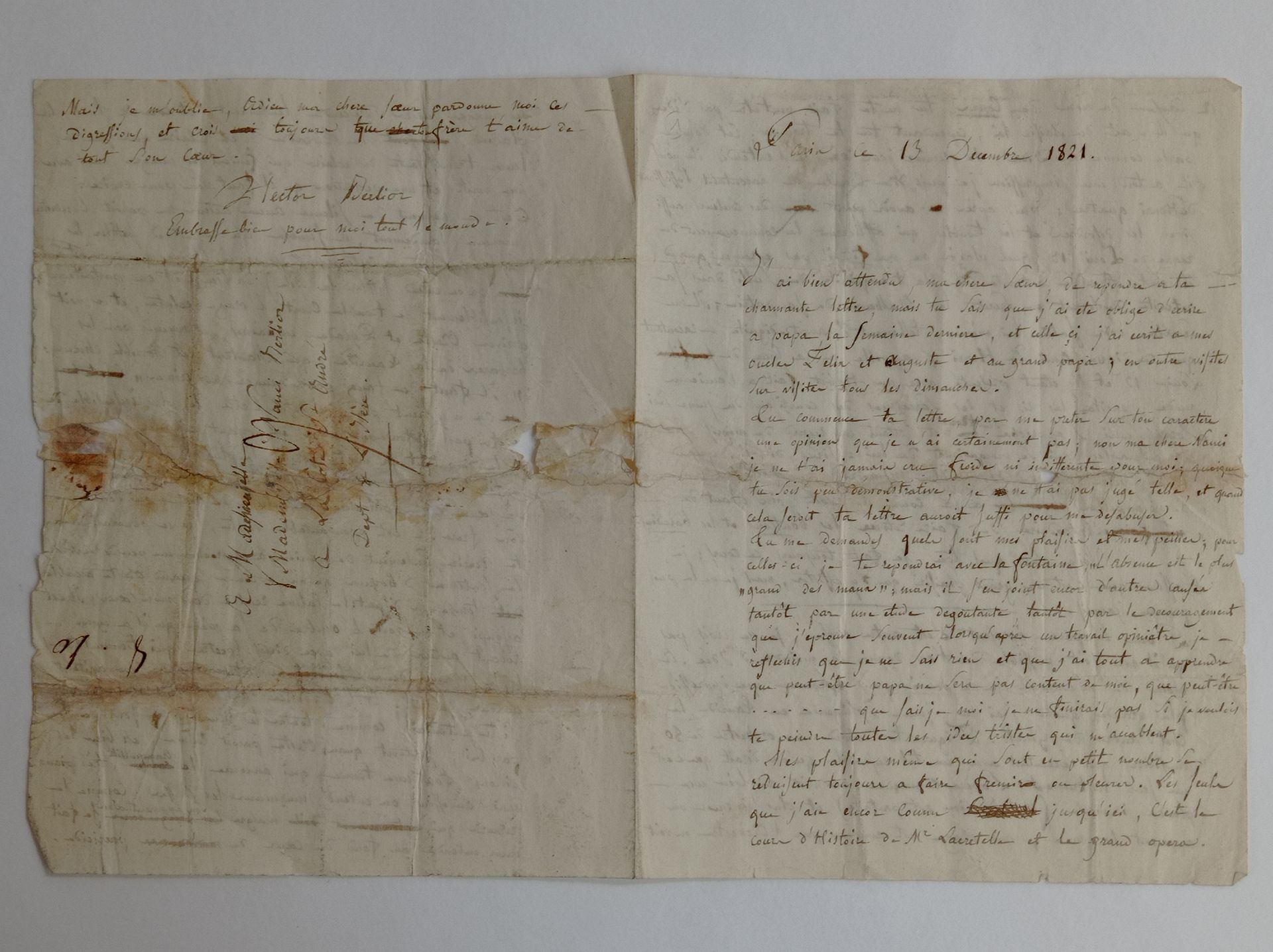 BERLIOZ (Hector). 签署给他妹妹南希-柏辽兹的亲笔信，日期为1821年12月13日，3页，1/4英寸，亲笔签名地址。
令人瞩目的是他年轻时的信，&hellip;