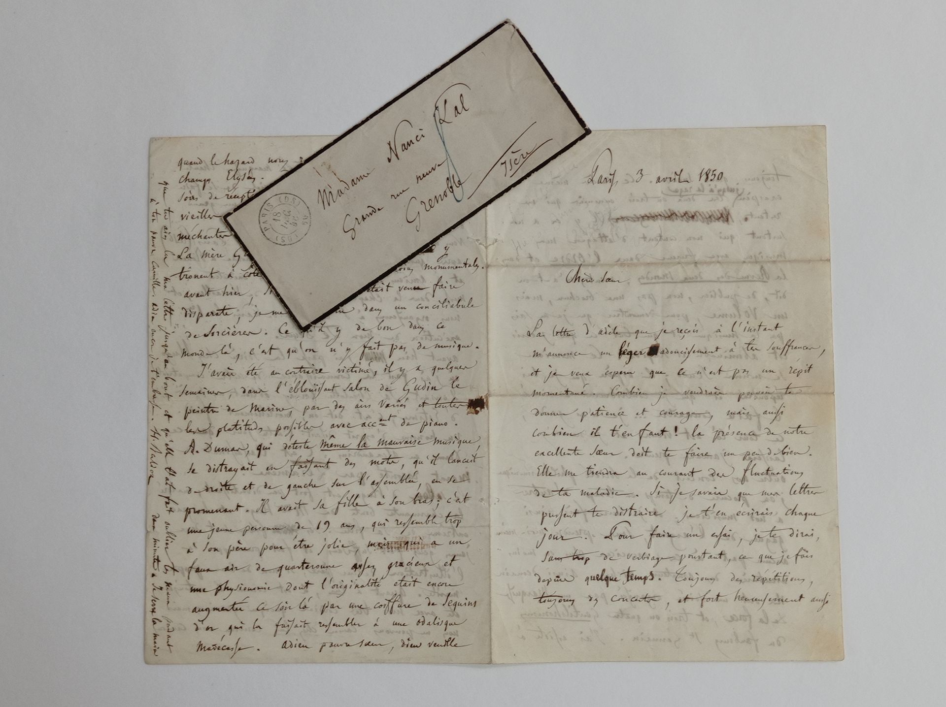 BERLIOZ (Hector). 签署给他妹妹Nanci Pal的亲笔信，日期为1850年4月3日，4页，8开。信封。
关于他的音乐活动、雨果和大仲马的诙谐信&hellip;