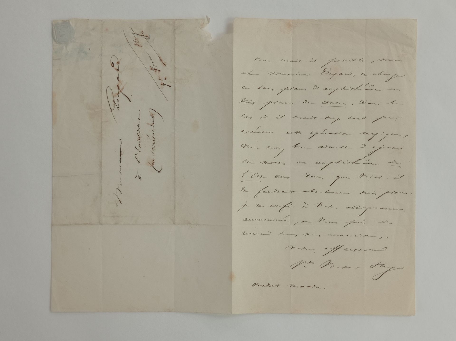 HUGO Victor (1802-1885). 签署给M.Pingard的亲笔信，（左页，N.D）。1页，8开本。维克多-雨果签名的亲笔地址。
"亲爱的Pin&hellip;