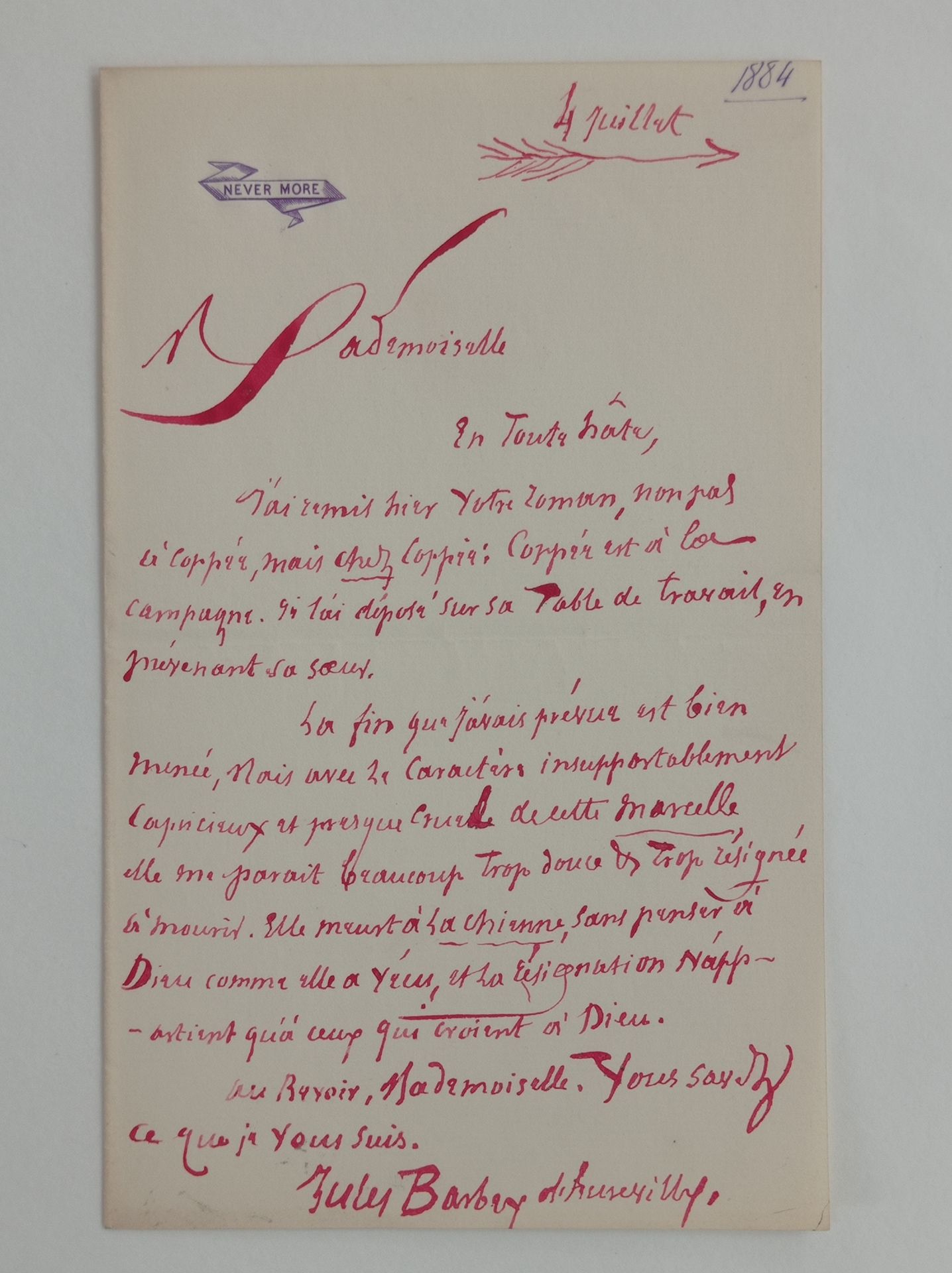 BARBEY D'AUREVILLY Jules Amédée (1808-1889) Autograph letter signed to a young l&hellip;