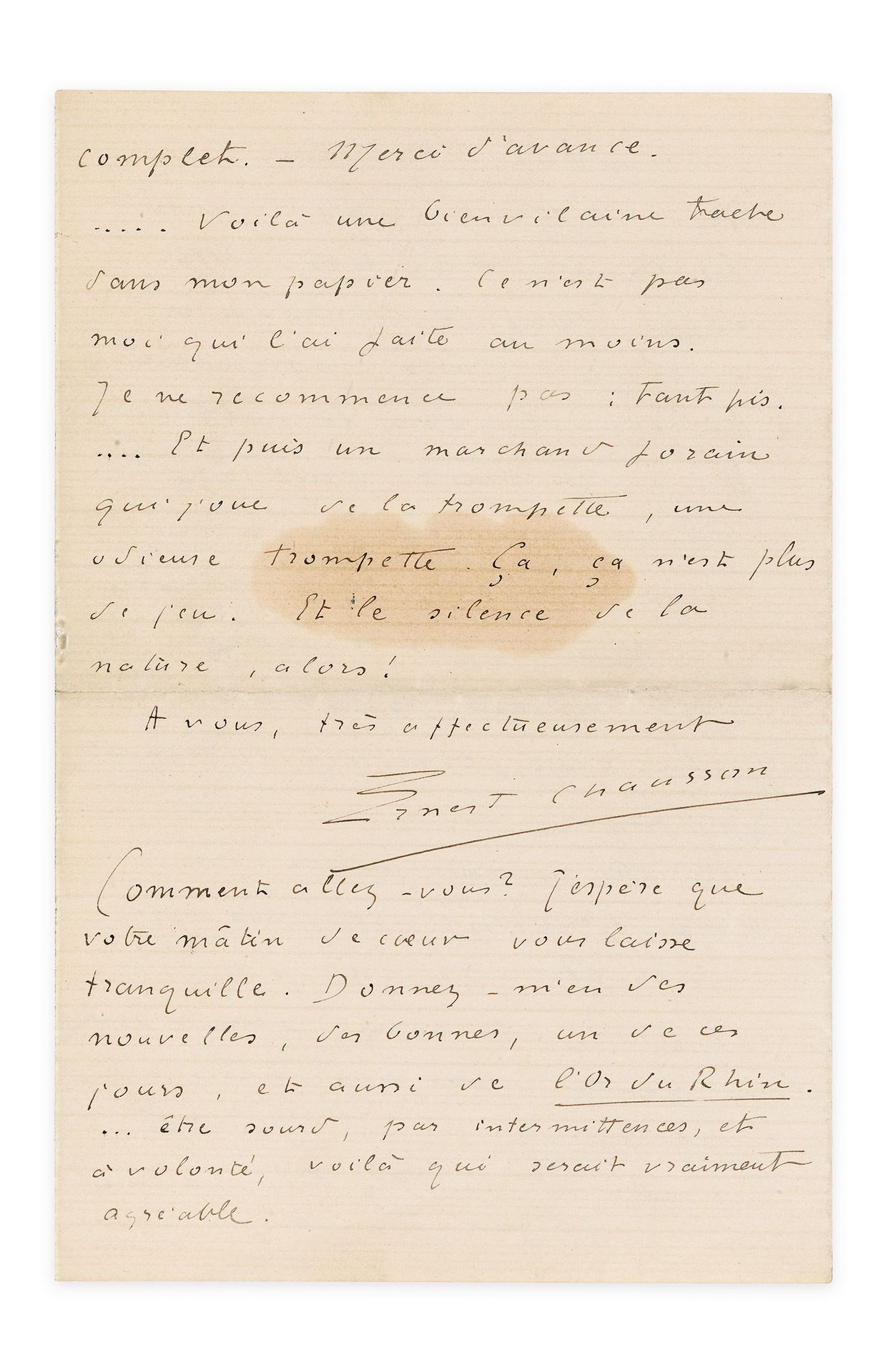 CHAUSSON (Ernest). 签署给克劳德-德彪西的亲笔信，日期为Luzancy，星期四[1893年5月4日]，4页，12页（179 x 116毫米），&hellip;