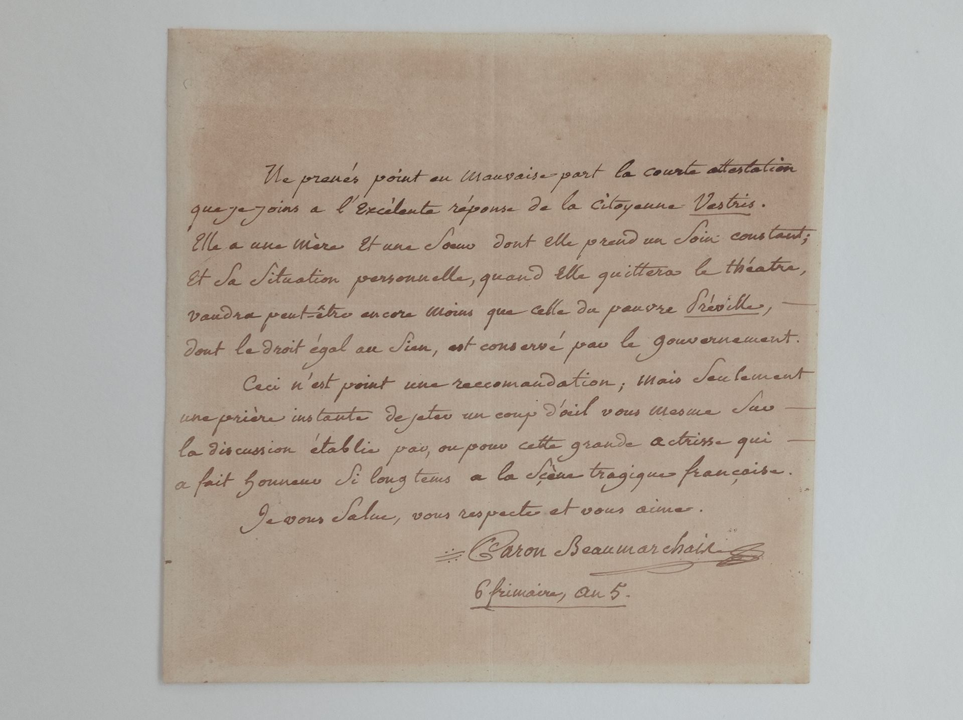 BEAUMARCHAIS Pierre-Augustin Caron de (1732-1799). 签名的亲笔信，（左）6 frimaire an 5（179&hellip;