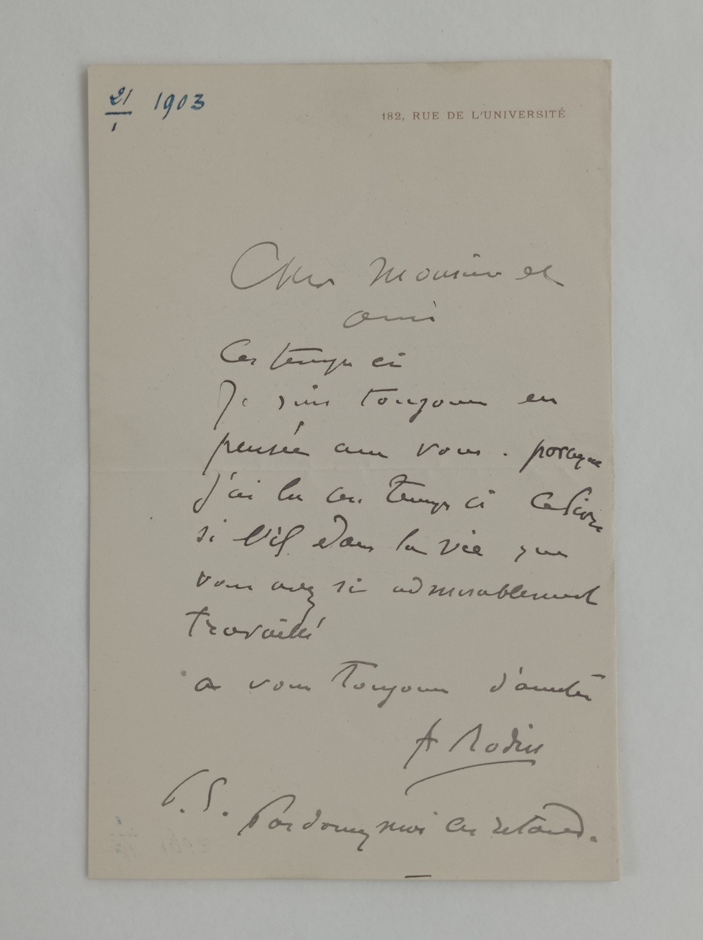 RODIN Auguste (1840-1917). 1903年1月21日签署的亲笔信（巴黎），1页，8开。在他的地址上刻有信纸。"...我一直和你在一起思考，&hellip;