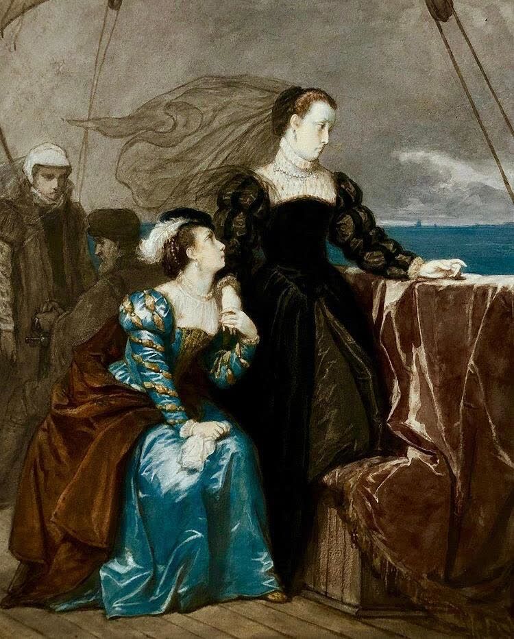 ECOLE FRANCAISE DU XIXème siècle 玛丽-斯图亚特从法国返回苏格兰
纸上水彩画
40 x 32.5 cm
新哥特式画框中