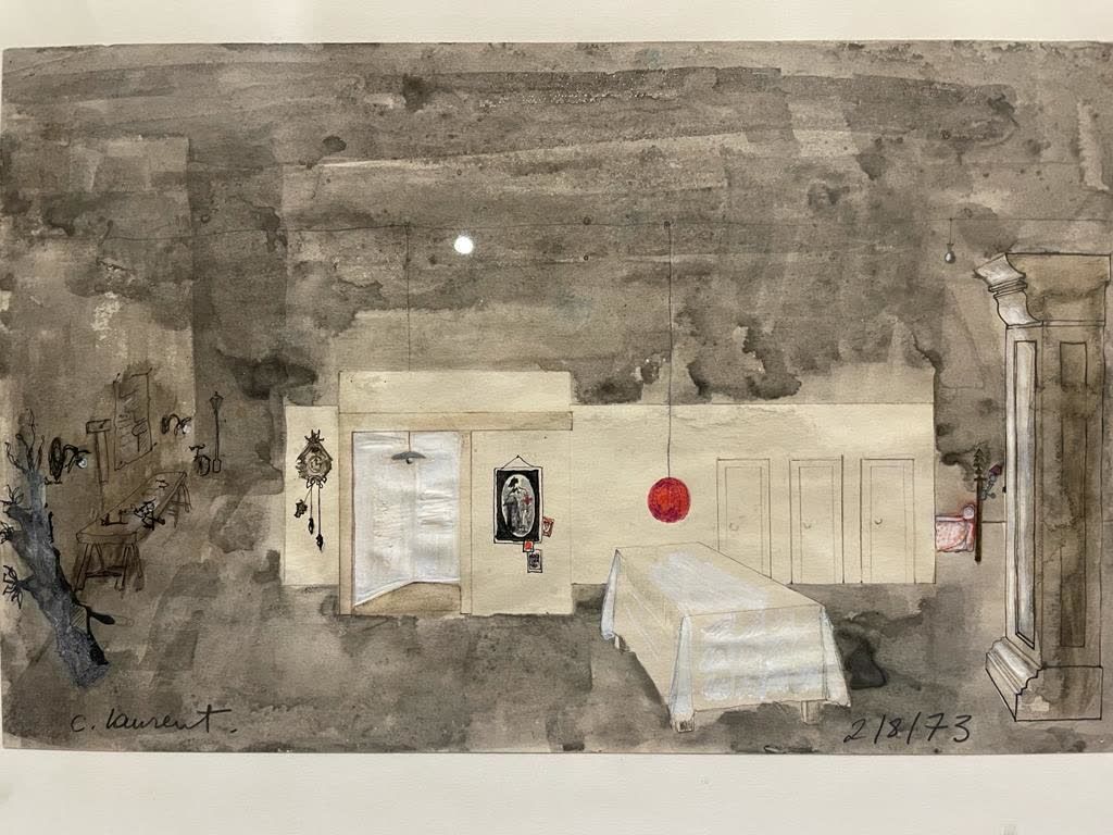 Christine LAURENT 室内
纸上水粉、水彩和墨水，左下方有签名，右下方有日期 "2/8/73"
20 x 31.5 cm