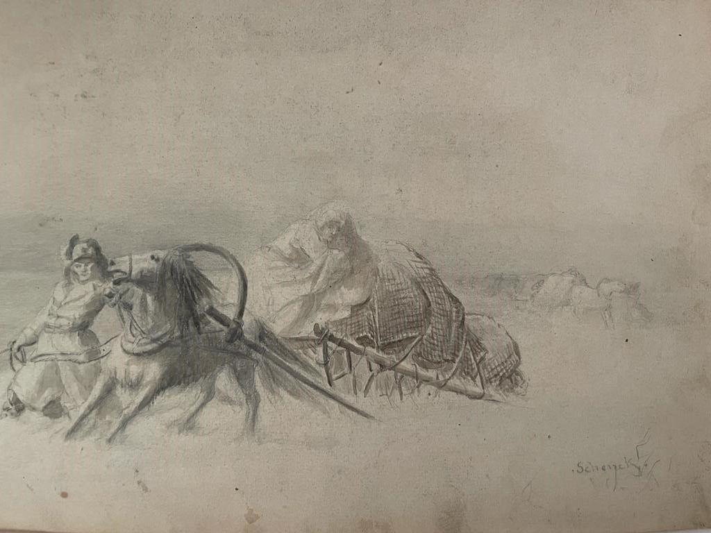 August Friedrich SCHENCK (1828-1901) 雪橇；穿着牧羊女的老妇人
两幅纸上铅笔画（污渍）
两幅驴子的研究，纸上铅笔画
在同一框&hellip;