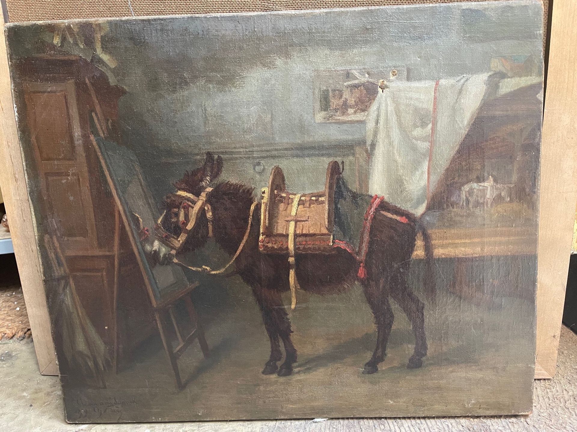 Charles-Édouard FRÈRE (1837-1894) 反映在镜子里的驴子的寓言
布面油画，左下方有签名、日期和献给 "给他的朋友Schenck"
&hellip;