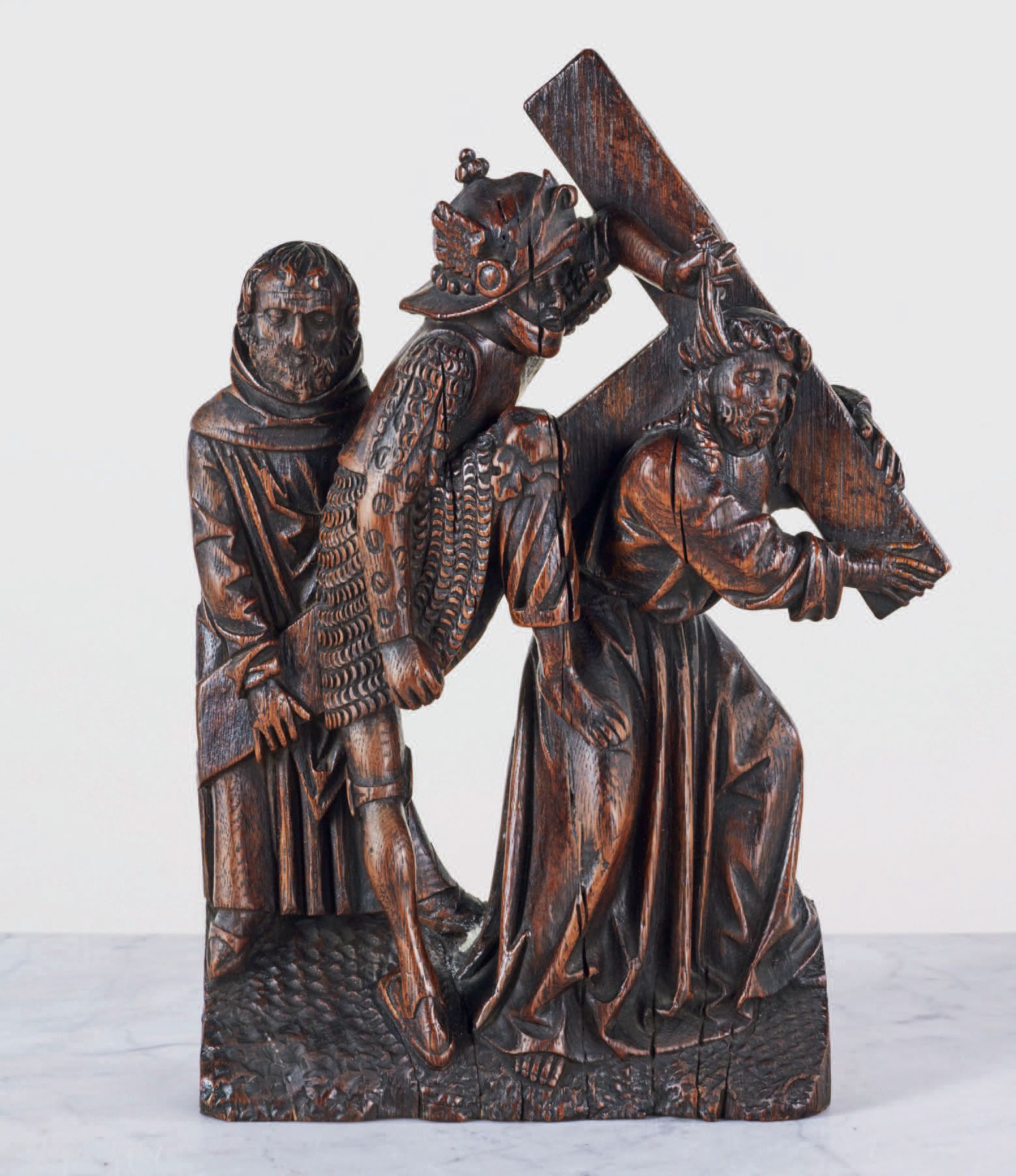 Null Le Portement de Croix en chêne sculpté, groupe de retable. À droite, le Chr&hellip;