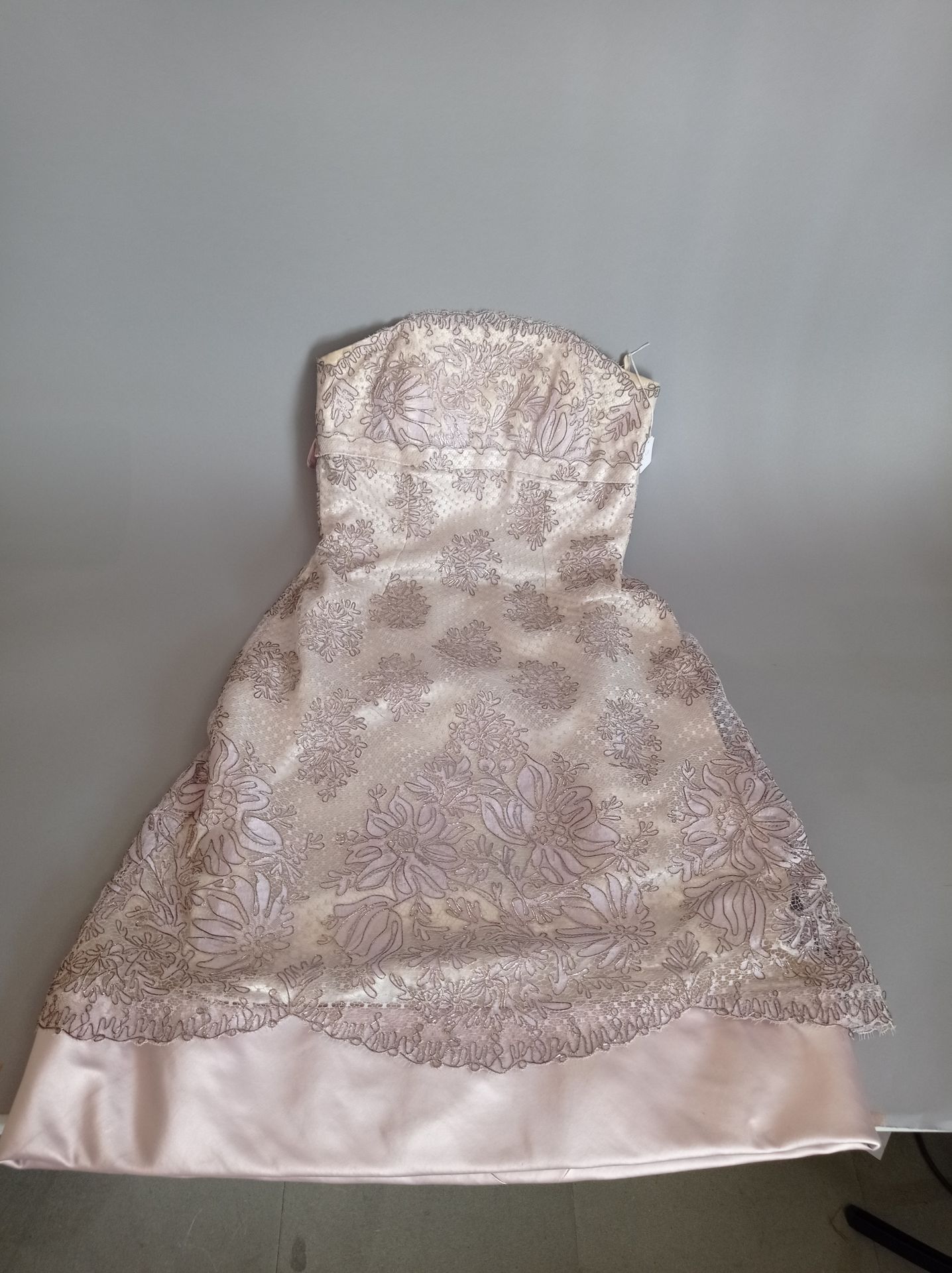 Geneviève d'Ariaux 渔网、银线和丝绸的无肩带连衣裙，背后饰有一个大蝴蝶结