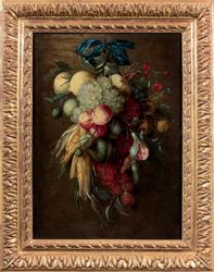 École hollandaise vers 1700 suiveur de Cornelis de Heem 花环中的一束水果，挂着蓝色的丝带
帆布
带有一个&hellip;