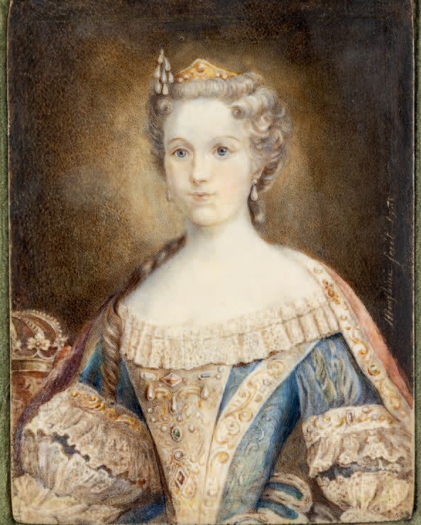 R. MENGHINI, école italienne du XVIIIe siècle 奥地利的玛丽亚-特蕾莎肖像（1717-1780）
长方形的微型画，右&hellip;