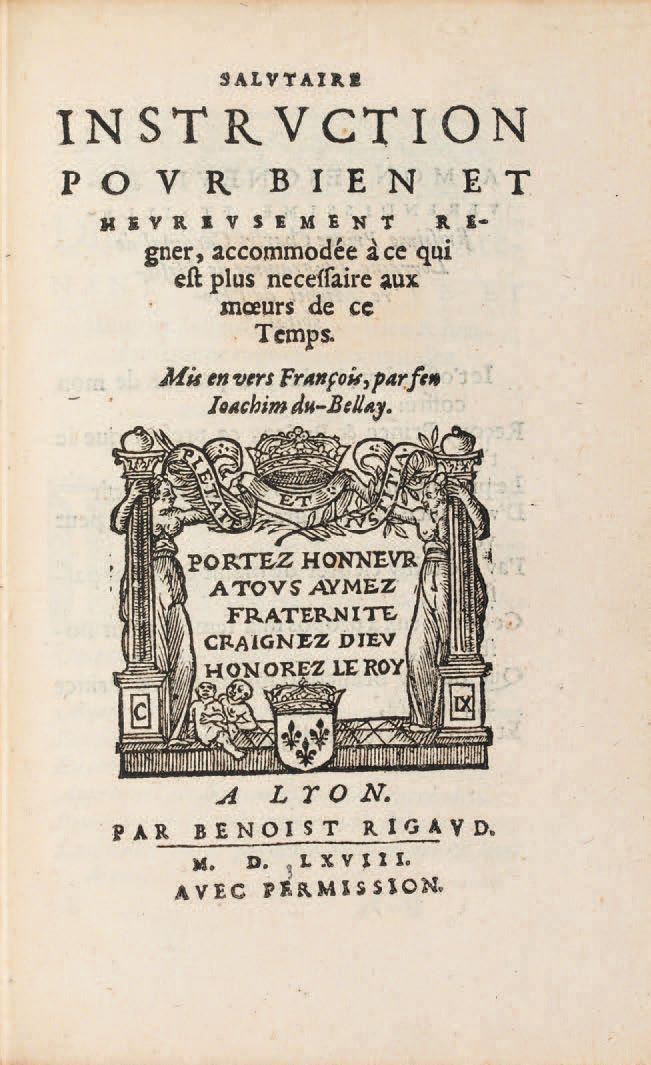 DU BELLAY (Joachim). 健康指导，让你健康地生活，适应这个时代最需要的东西。里昂，伯努瓦-里戈德，1568年。8开本的小册子，橙色摩洛哥，詹森&hellip;