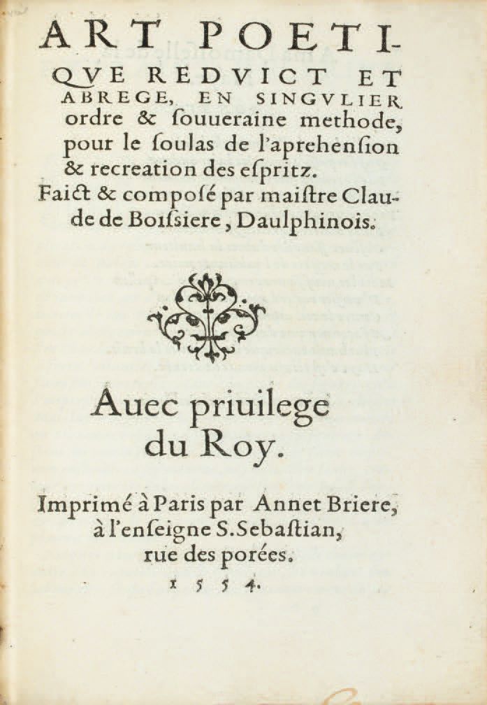 BOISSIÈRE (Claude de). Ɵ Arte poetica ridotta e abbreviata, in un ordine unico e&hellip;