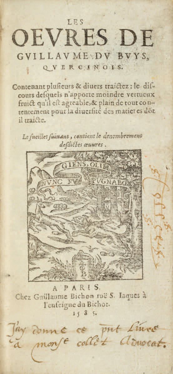 DU BUYS (Guillaume). Ɵ 《作品》[原文如此]。含有多种多样的培训内容[...]。巴黎，纪尧姆-比雄，1585年。12开本，蓝色摩洛哥，中间&hellip;