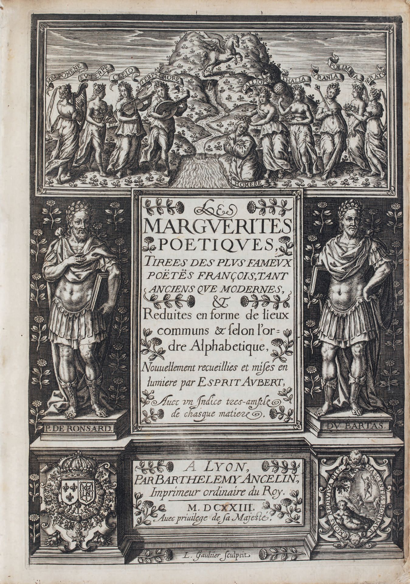 AUBERT (Esprit). 玛格丽特诗集》，收录了法国最有名的诗人，包括古人和现代人，以共同语言和字母顺序排列的诗集。里昂，巴泰勒米-安塞林，1613年。&hellip;
