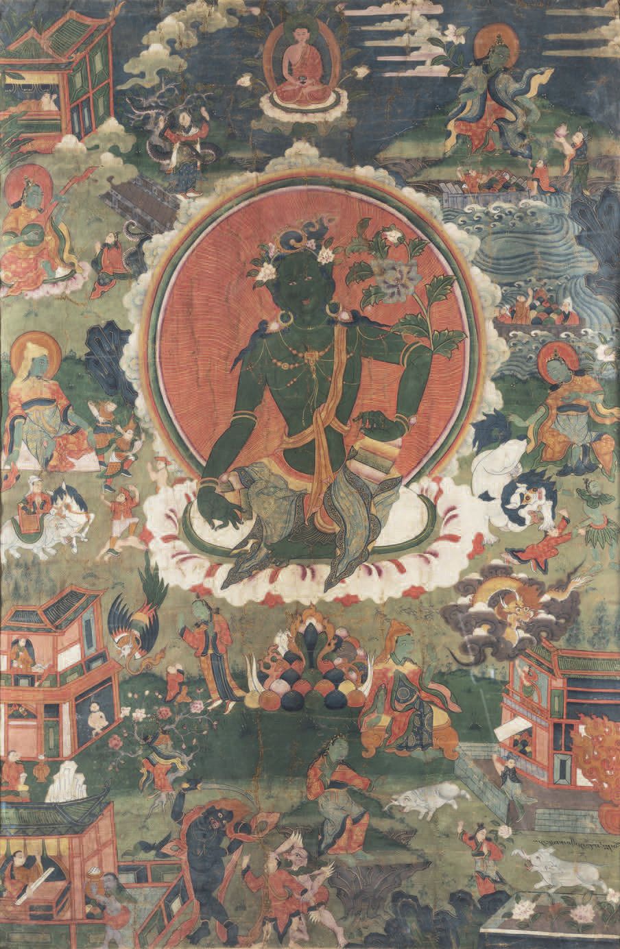 Null Tara verde, Tibet, XIX secolo Tempera su tela Circondata da uno splendido p&hellip;