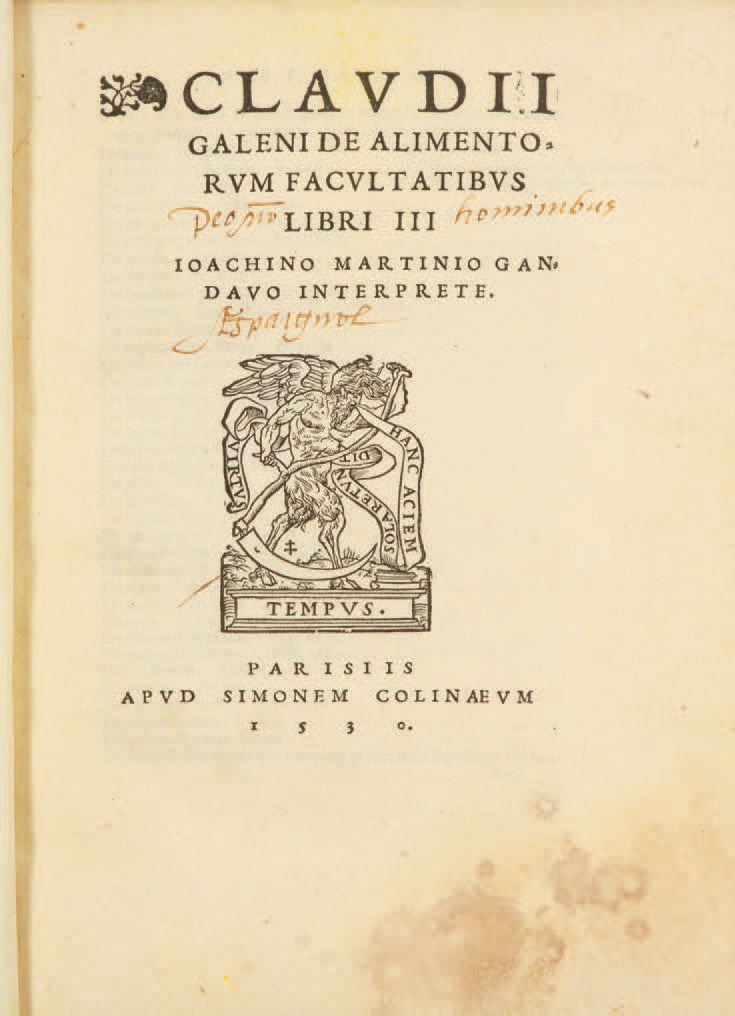 GALIEN. De alimentorum facultatibus libri III.巴黎，西蒙-德-科林斯，1530年，四开本，樱桃色的半马可布，光滑的&hellip;