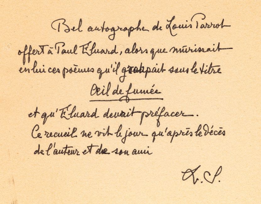[ELUARD Paul]. PARROT (Louis) 致保罗-艾吕雅。墨水写的亲笔诗，署名L.P.，日期为1944年12月。粘贴在纸板上的1页in-4，已&hellip;
