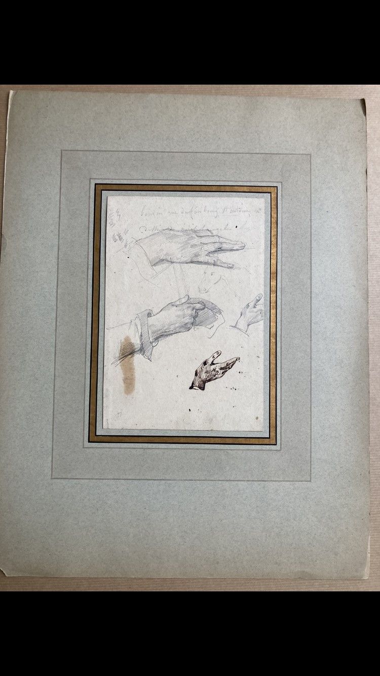 Ecole FRANCAISE du début du XIXe siècle 正面：四幅手和马头的研究报告
背面：三个手部研究
石墨、钢笔和棕色墨水，纸上，来&hellip;