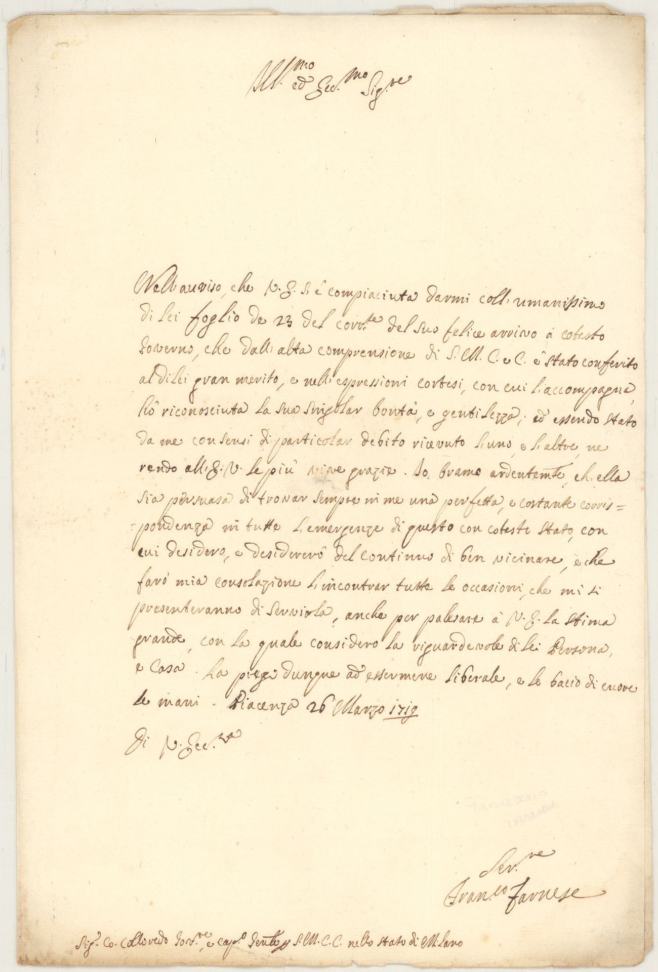 FARNESE Francesco-Maria Ier (1619-1647). L.A.S.致Colloved，皮亚琴察，1719年3月26日。 1页对开。
&hellip;
