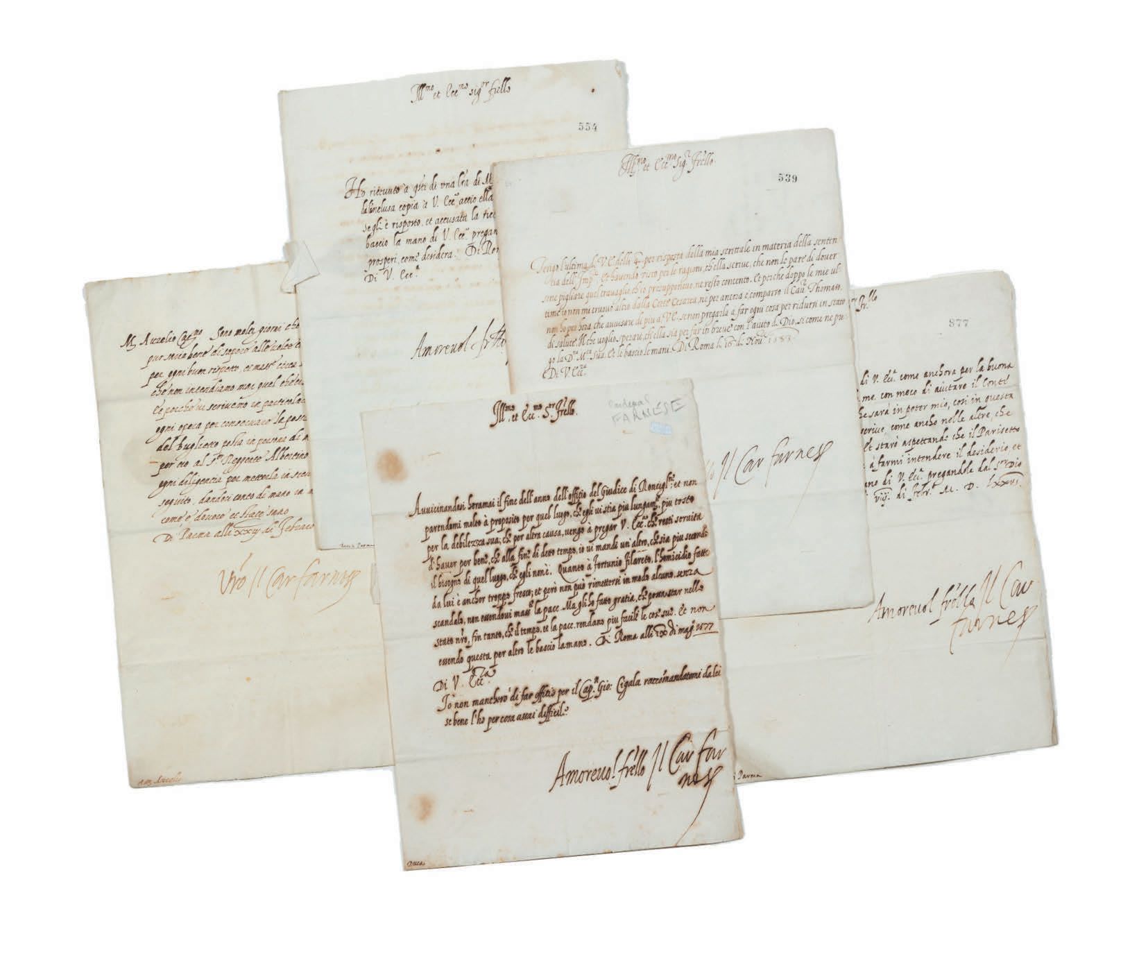 FARNESE Alexandre (1520-1589). 5 L.S. 致帕尔马公爵，罗马，1558年和1583年。2页和3个半页对开。地址，纸下有印章。
&hellip;