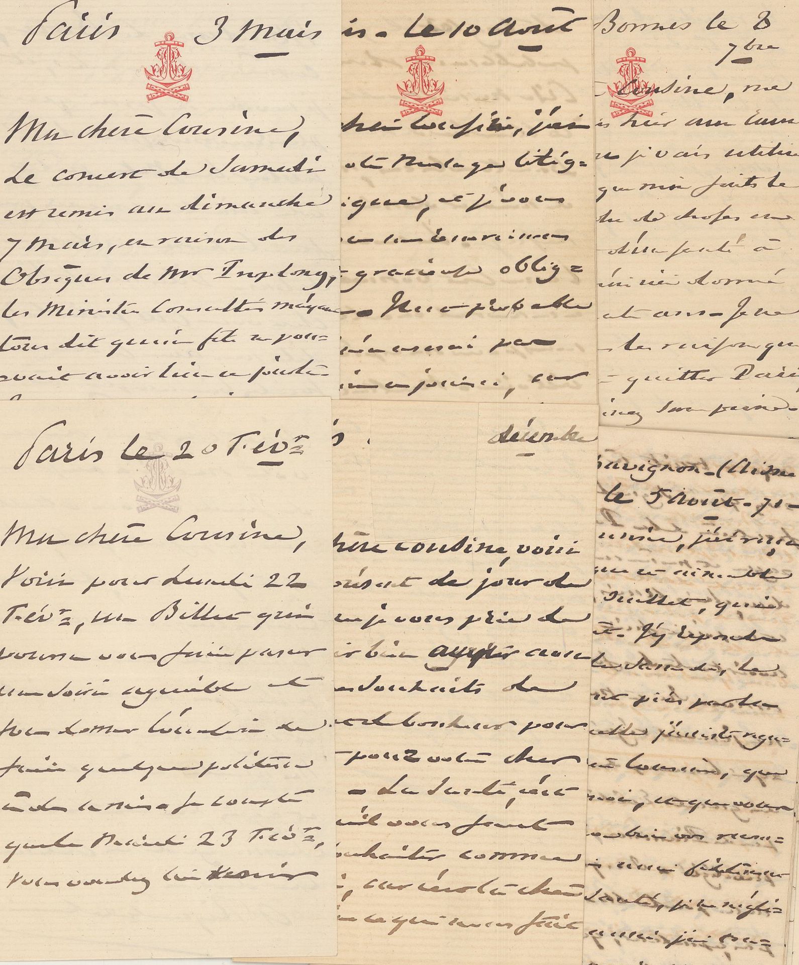 RIGAULT DE GENOUILLY. 7 L.A.S.给他的表弟的信，主要是夏维农在巴黎、在Eaux-Bonnes、在Merlieux写的信，日期是187&hellip;