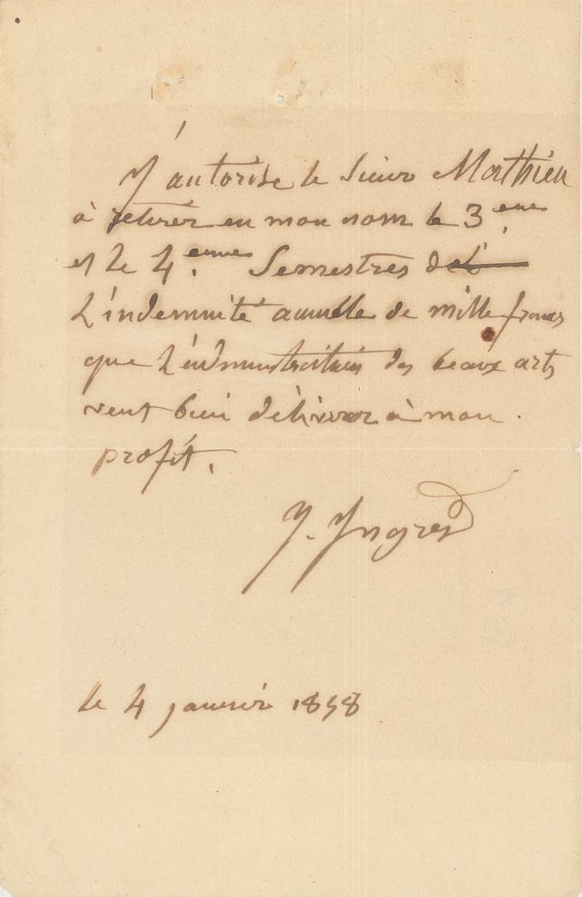 INGRES Jean-Dominique (1780-1867). L.A.S. "Ingres", 给他的朋友Mathieu, (s.L.) 1848年1月&hellip;