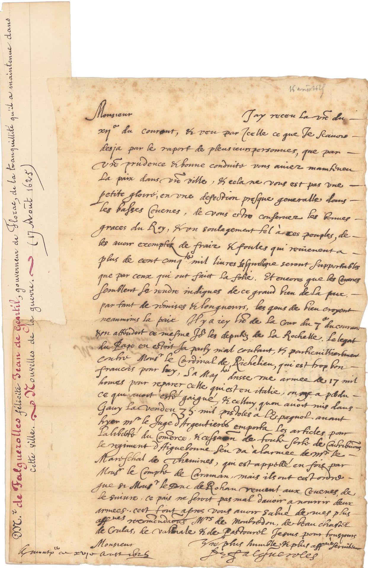 Null [宗教战争]。FALGUEROLLES[大卫]。签名为 "Fauguerolles "的长信，致弗洛拉克省长Jean de Gentil。"Montp&hellip;
