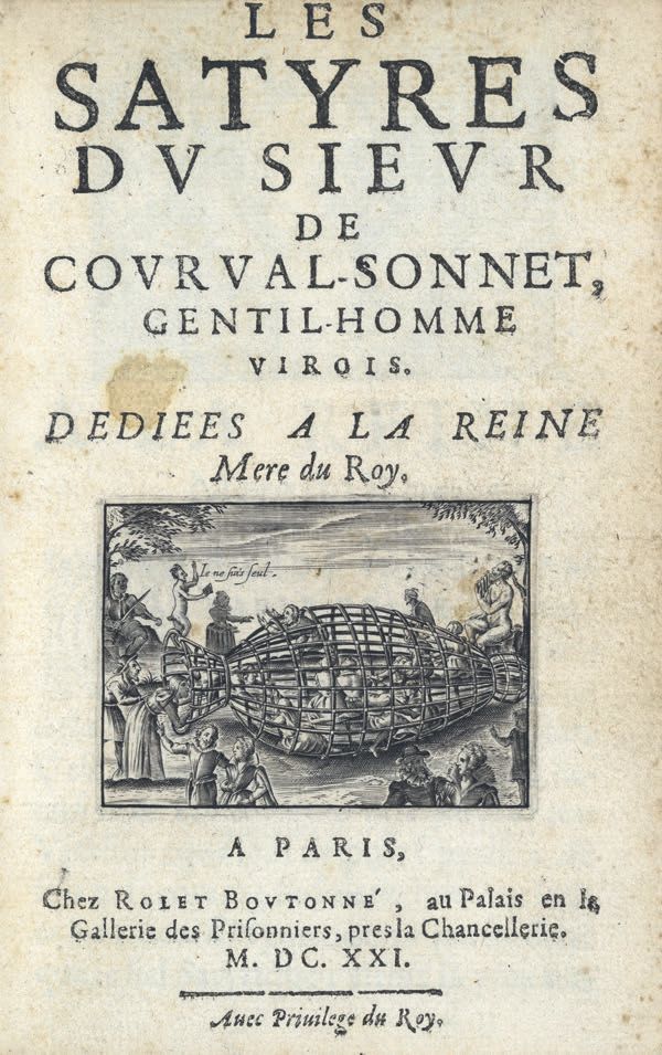SONNET (Thomas, sieur de Courval). 萨提尔家族献给国王的王母。巴黎，罗勒-布托内，1621年。8开本，长纹茄子色摩洛哥，木板周&hellip;