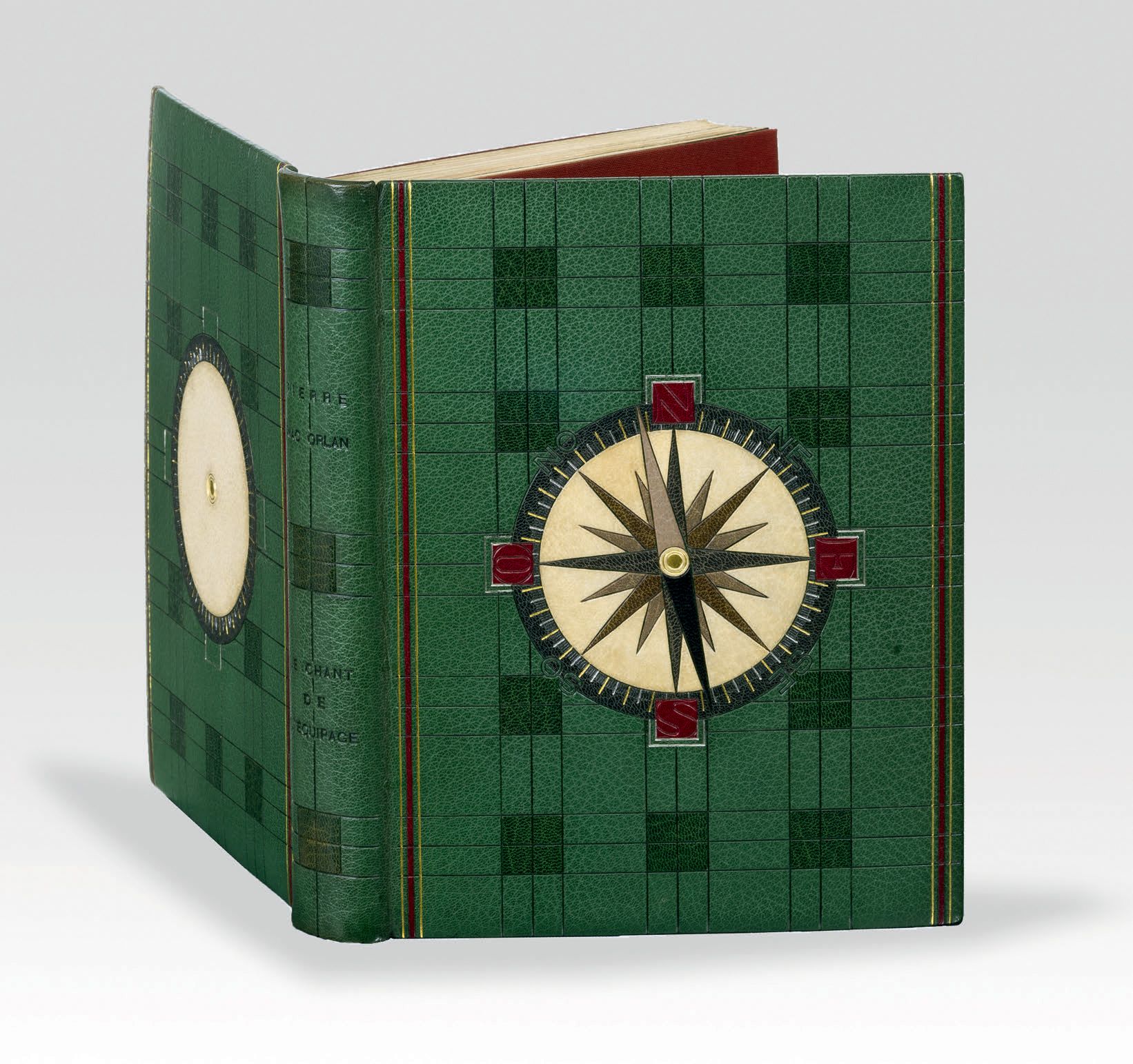 MAC ORLAN (Pierre). 船员之歌》。巴黎，Les arts et le livre，1926。4开本，绿色摩洛哥，背景唤起浅绿色和深绿色的格子呢&hellip;
