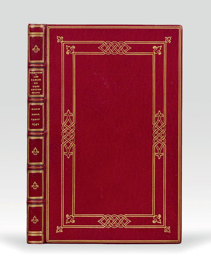 Null ♦ ÉSOPE.寓言》。巴黎，丹尼斯-雅诺的印刷厂，1542年。8开本，红色摩洛哥，板上的鎏金框架由三个双丝构成，其中两个在每边的中间交织在一起，在四&hellip;