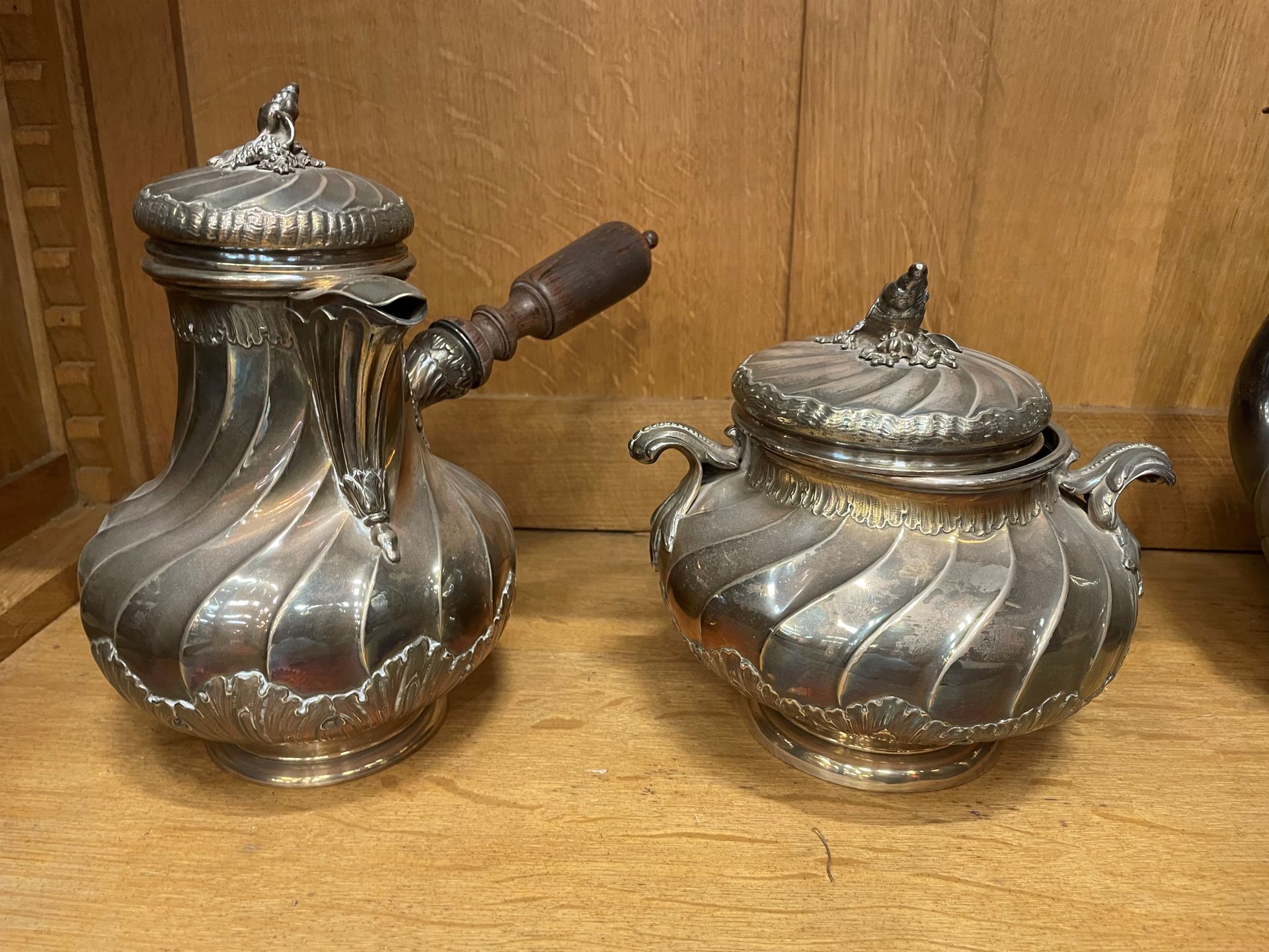 André AUCOC (1856-1911) Turned wood handle jug and covered sugar bowl in silver &hellip;