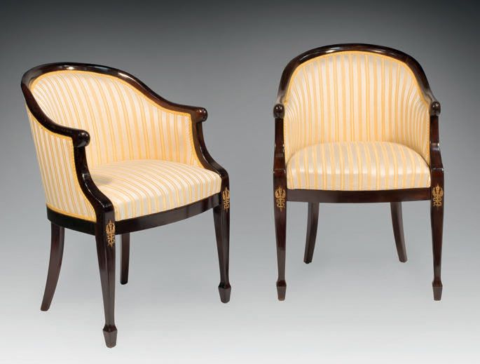 Null Pair of Restauration style molded varnished wood bergères, the front legs s&hellip;