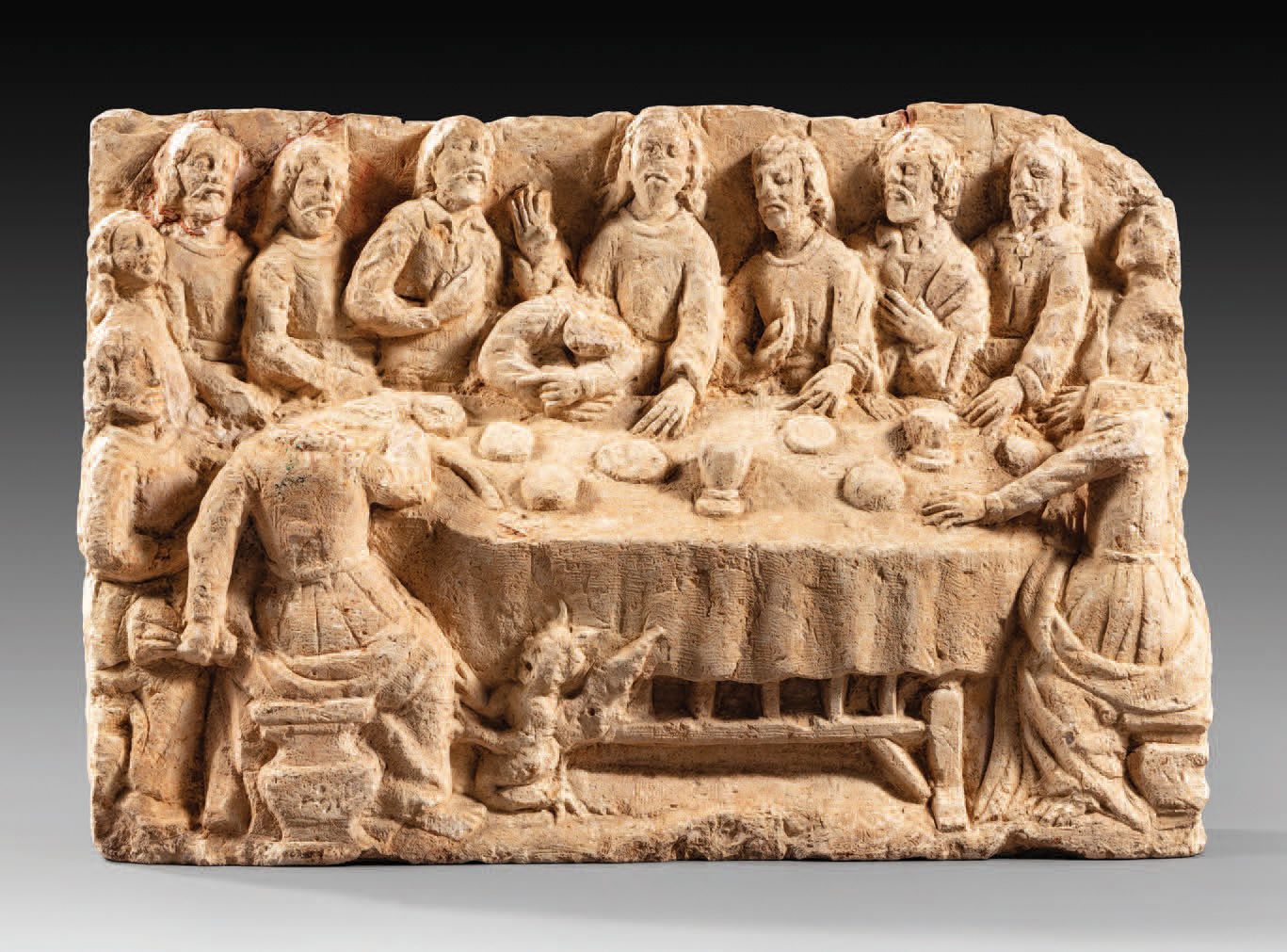 Null Carved limestone bas-relief depicting the Last Supper. To Jesus' right, Sai&hellip;